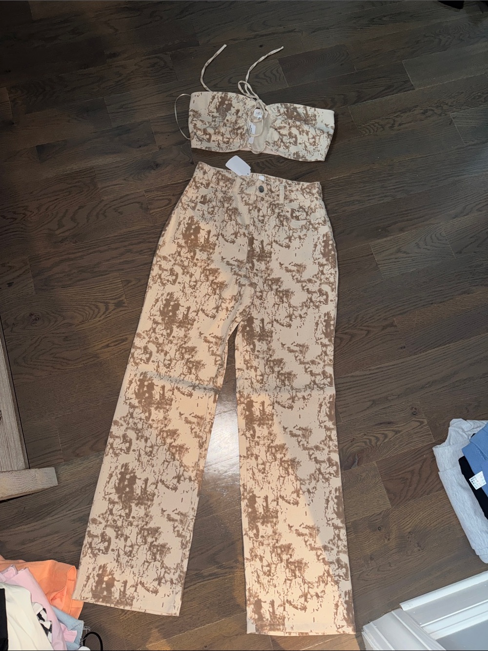 Women’s Beige Marble-Print High-Rise Wide-Leg Pants with matching top
